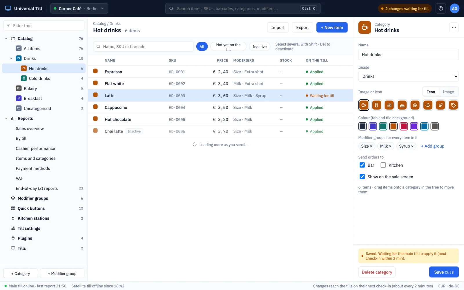 The my.universaltill.com cloud manager showing a catalogue tree, a category of hot drinks and its settings panel, with sample data