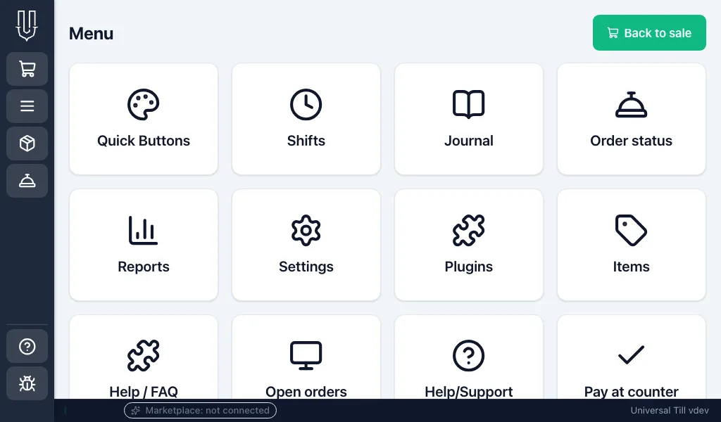 Universal Till menu with large touch buttons for quick buttons, shifts, journal, order status, reports, settings, plugins and items
