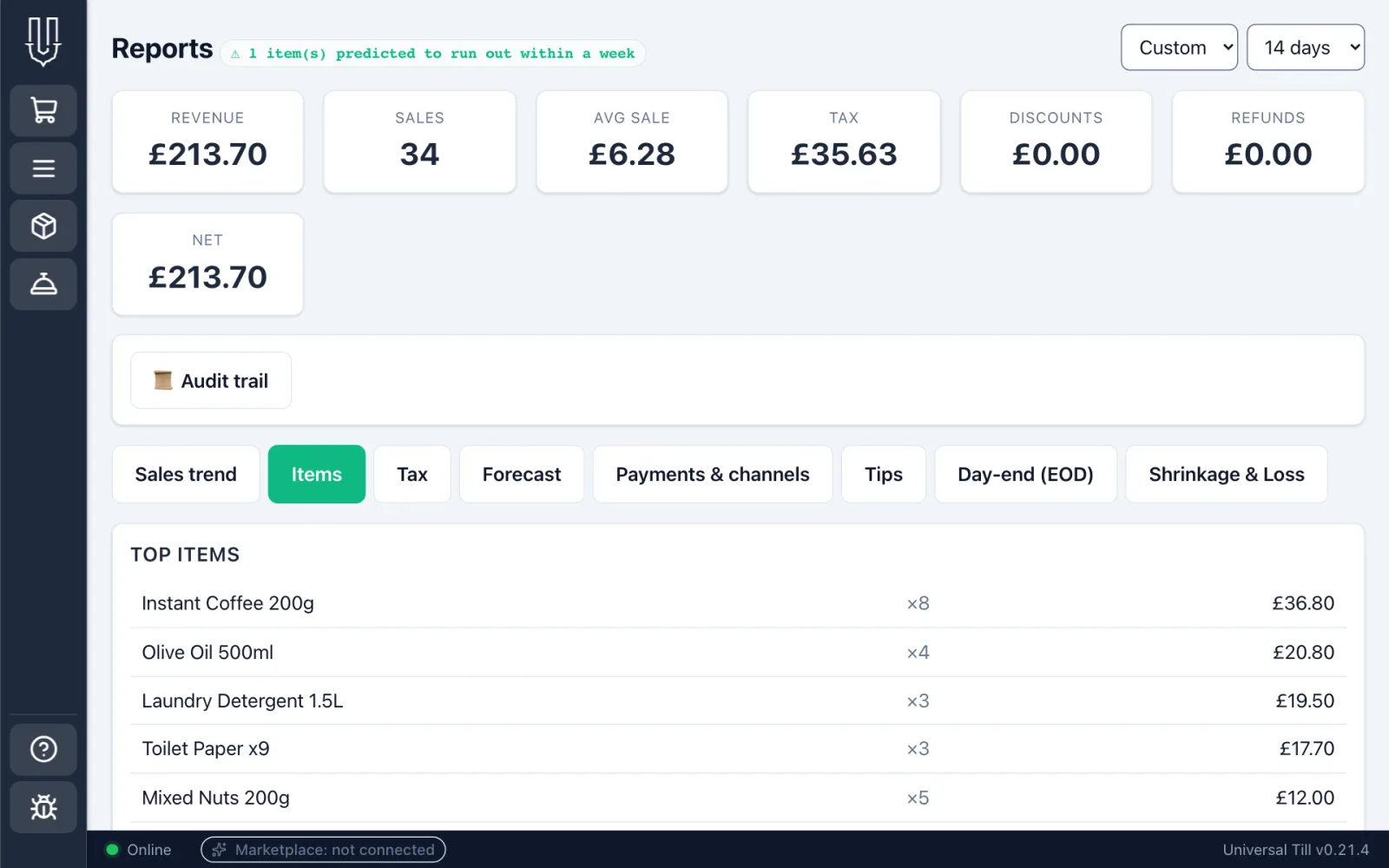 Universal Till reports screen with revenue, sales, average sale and tax tiles above a top-items list